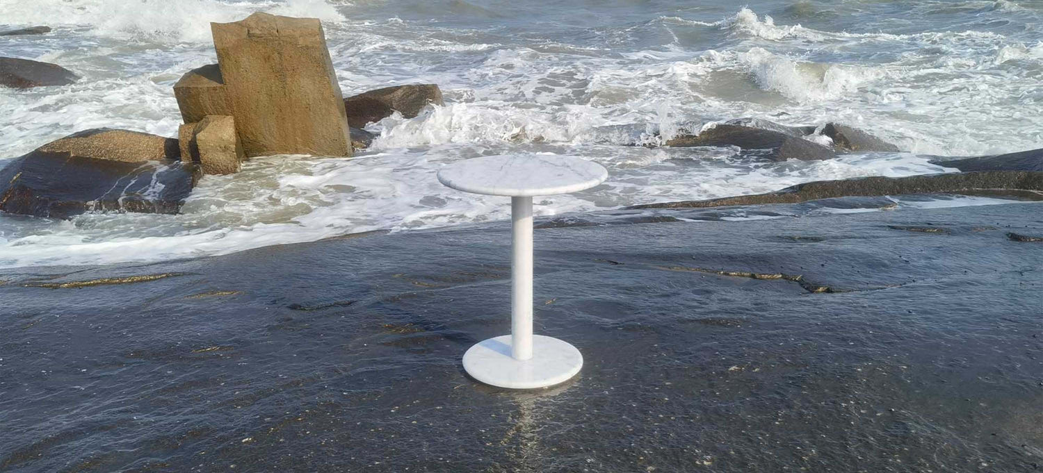 OIXDESIGN RoundHaven Side Table, Italian Carrara Marble, Ocean View