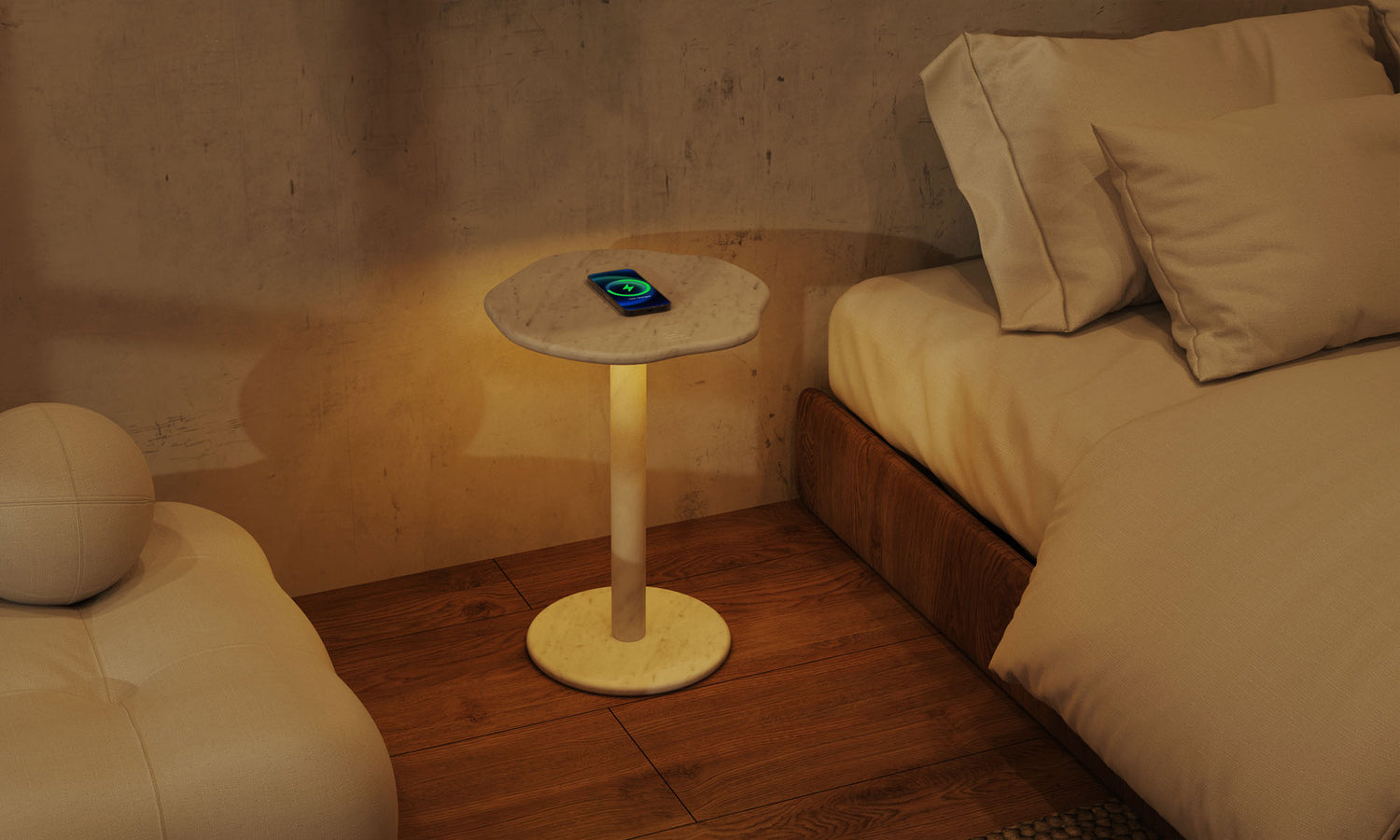 OIXDESIGN SunAura Round Marble Side Table, Italian Carrara White Marble, With Night Light and Wireless Charging