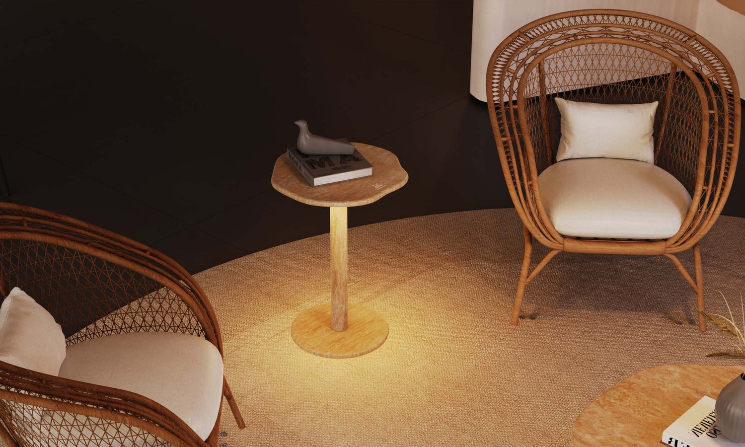 OIXDESIGN SunAura Round Travertine Side Table, Italian Classico Travertine, with Night Light, Macro Scene Graph, Front View