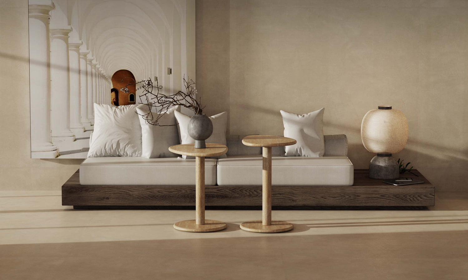 OIXDESIGN, SwanEgg Side Tables, Oval Marble Table, Italian Classico Travertine, Macro Scene Graph, Front View