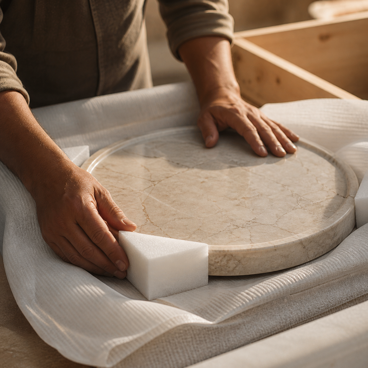 Hands positioning foam cushioning around a round stone piece inside a wooden crate; an illustrative protective-packing scene.