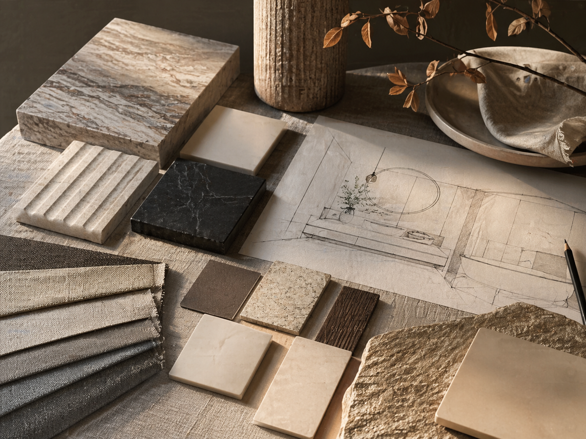 Stone and other finish samples arranged beside bathroom design sketches on a worktable; an illustrative project-planning scene.