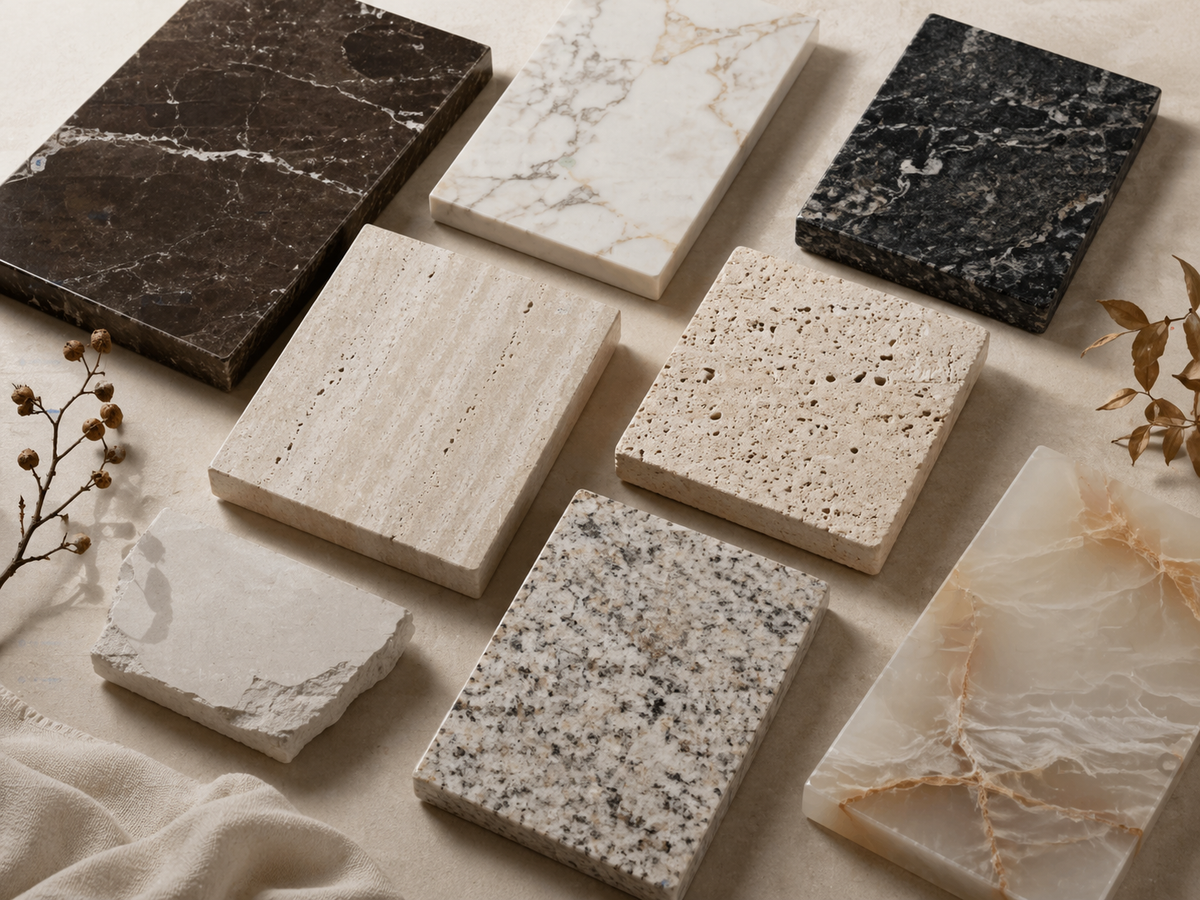 Assorted stone samples with contrasting veining, pores and mineral patterns arranged on a neutral surface; material-selection illustration.