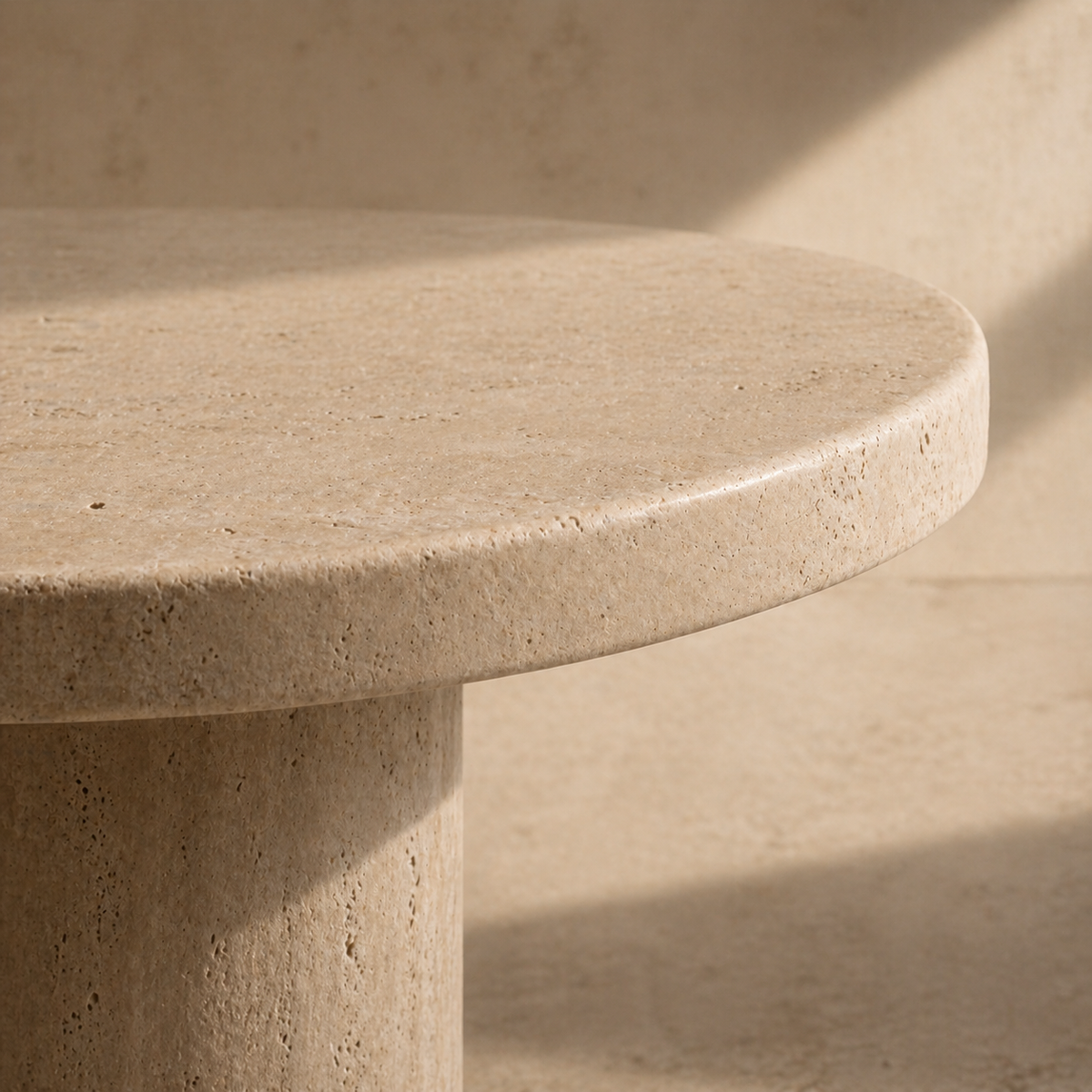 Close-up of a beige stone tabletop showing the top surface, softened edge transition and curved perimeter; illustrative product detail.