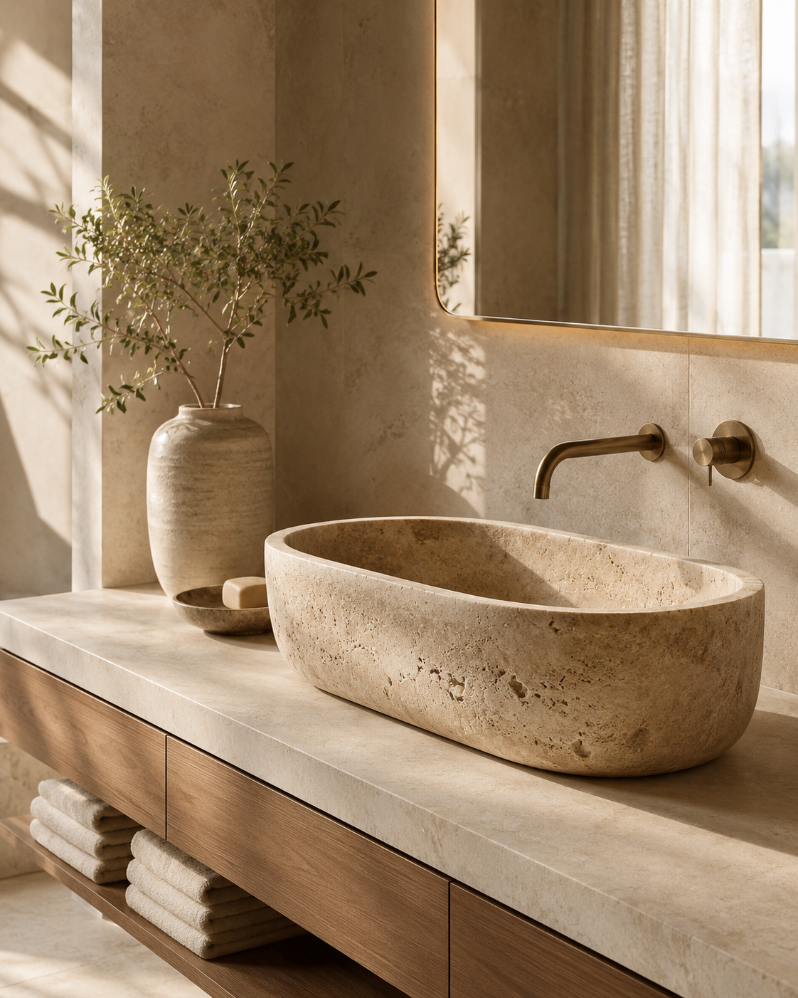 Beige stone vessel basin and countertop with a wall-mounted faucet, wooden cabinetry and folded towels; an illustrative bathroom-care scene.