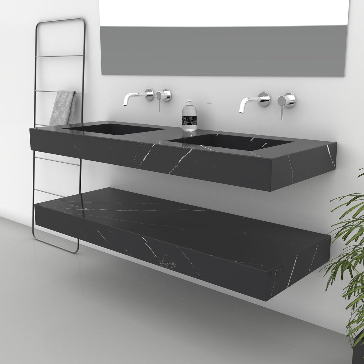 Taipa black marble double basin with two wall-mounted faucets, surrounding counter space and a lower shelf; styled bathroom visualization.