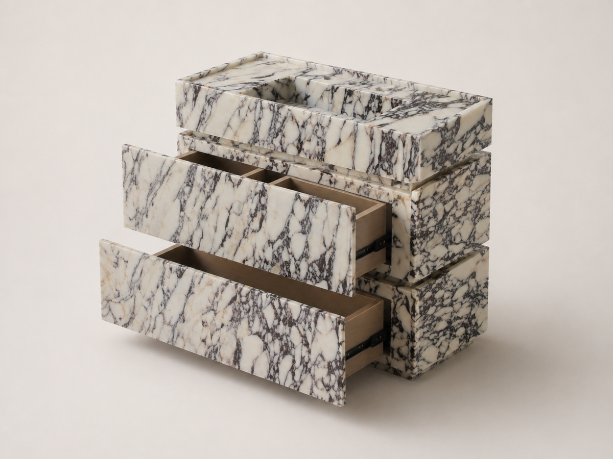 Viola 90 Calacatta Viola marble vanity with an integrated basin and two open marble-faced drawers; product visualization.
