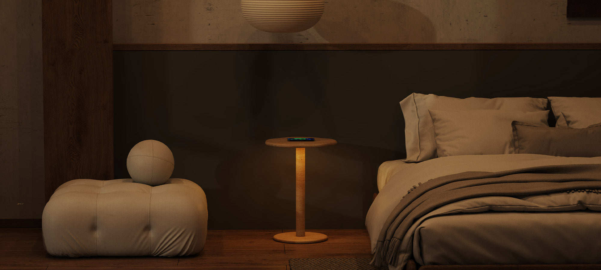 SunAura round marble and travertine tables styled in a refined modern bedroom