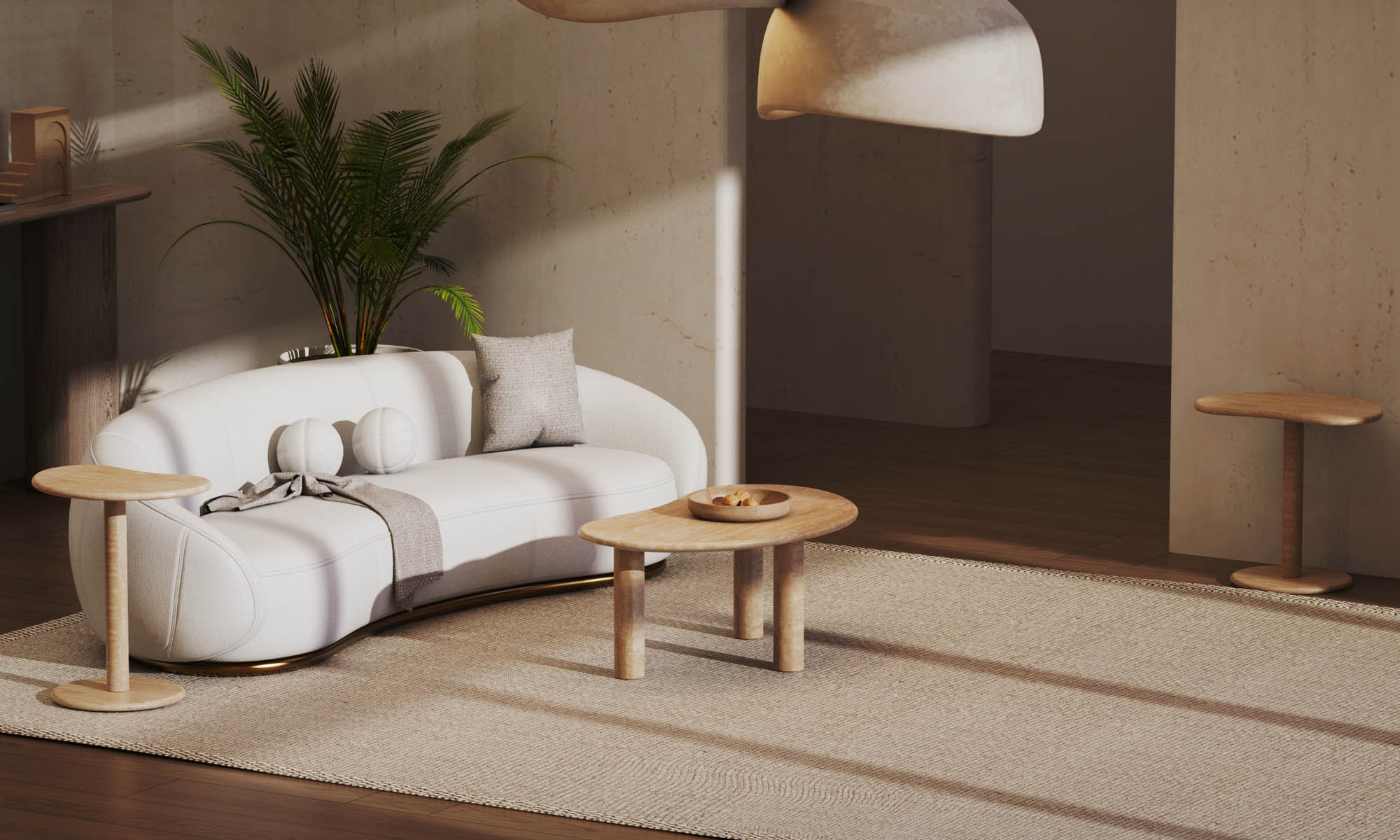 Travertine coffee table and side table styled in a warm modern living room