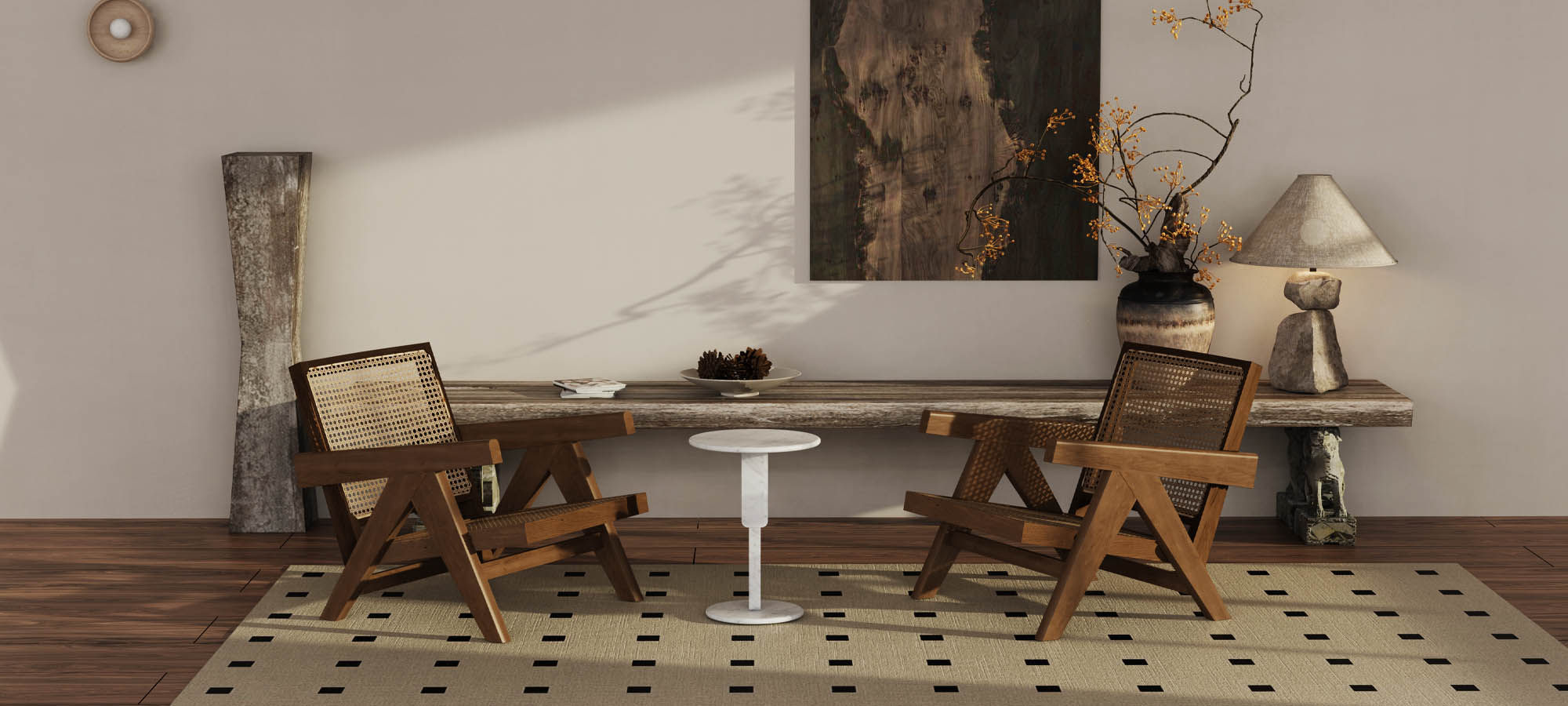 RoundGeo marble and travertine side tables styled in a refined modern interior