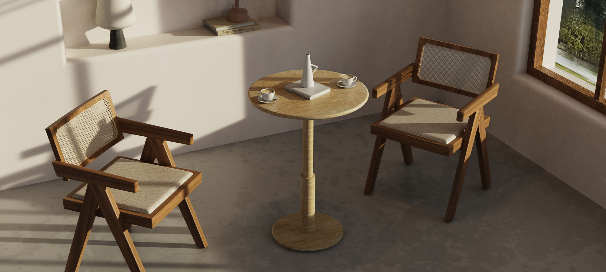 OIXDESIGN Dining Table Collection, RoundHaven Dining Table, Italian Classico Travertine, Macro Scene Graph, Front View