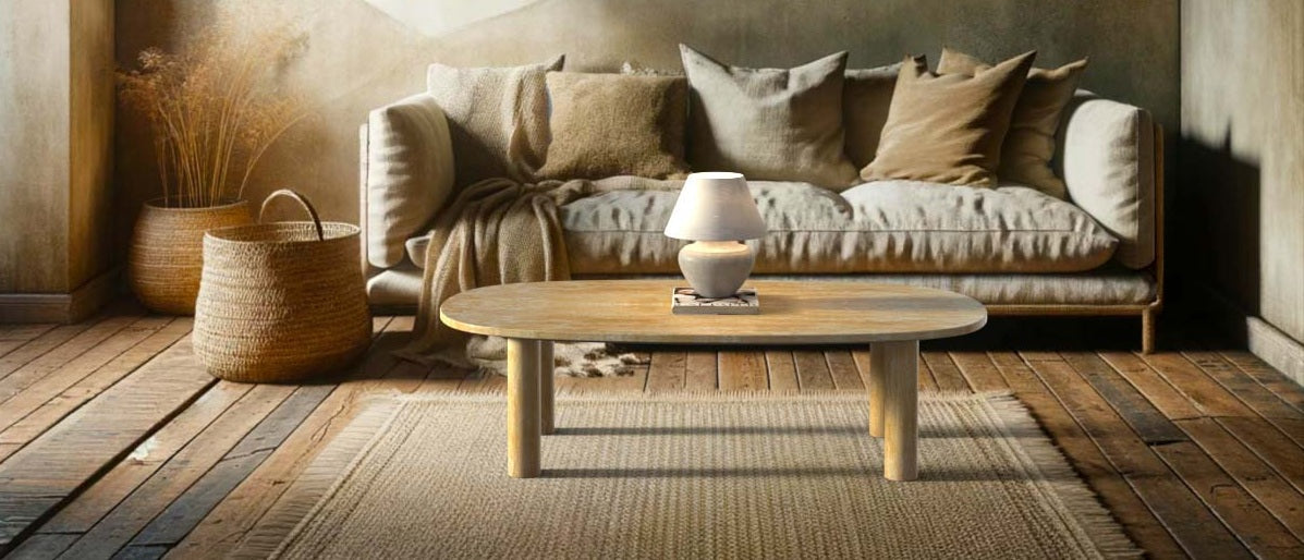 Rectangular marble and travertine coffee table styled in a refined modern living room