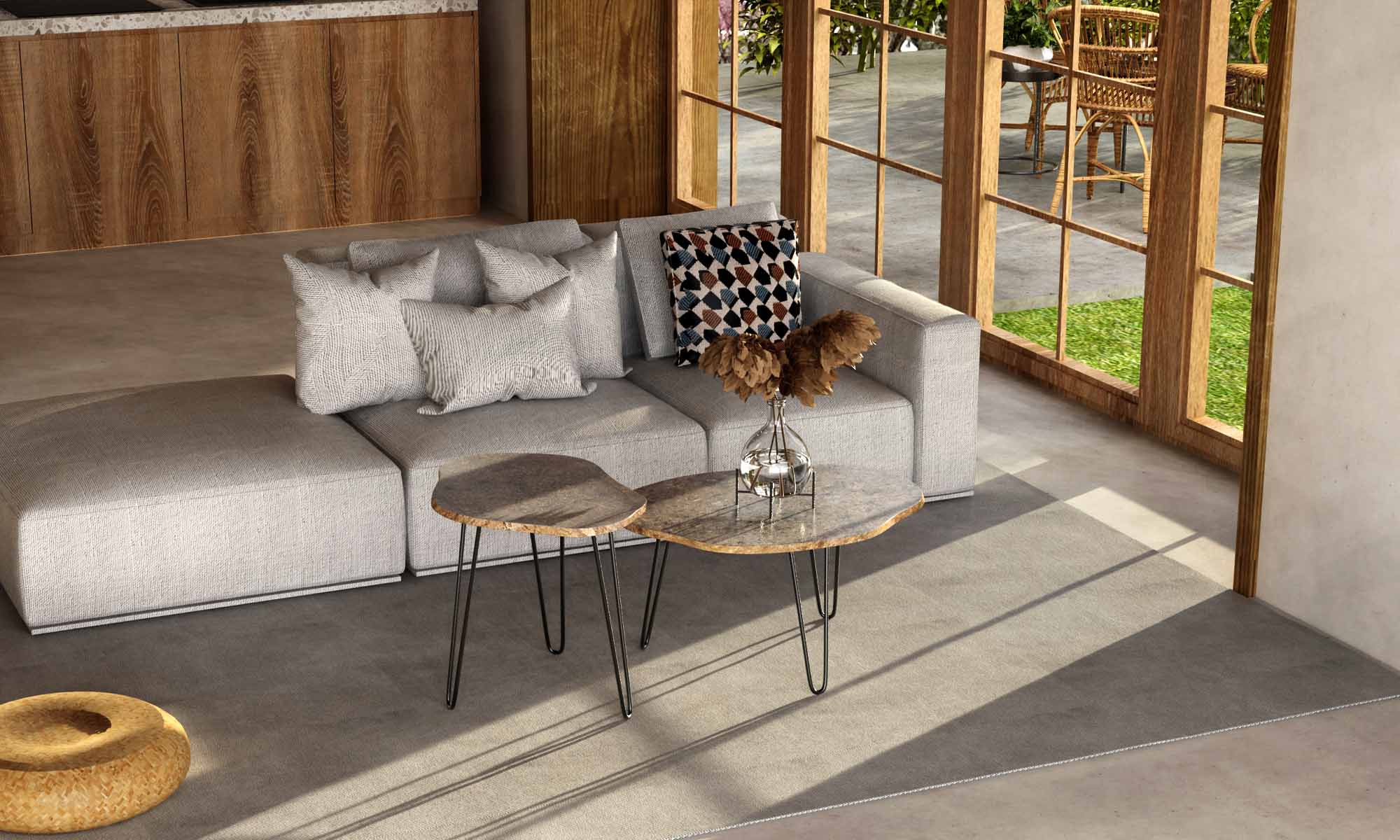 RiverStone irregular natural stone table styled in a refined modern interior