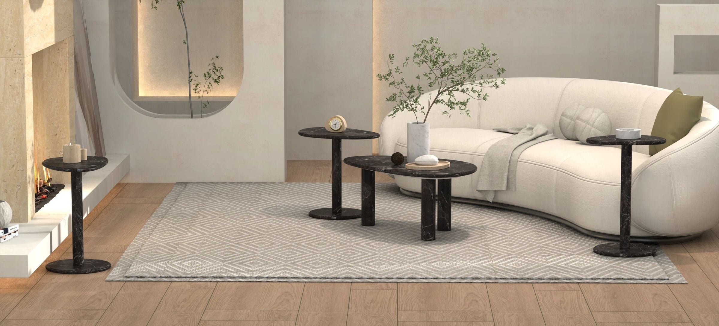 Black marble table styled in a refined modern interior