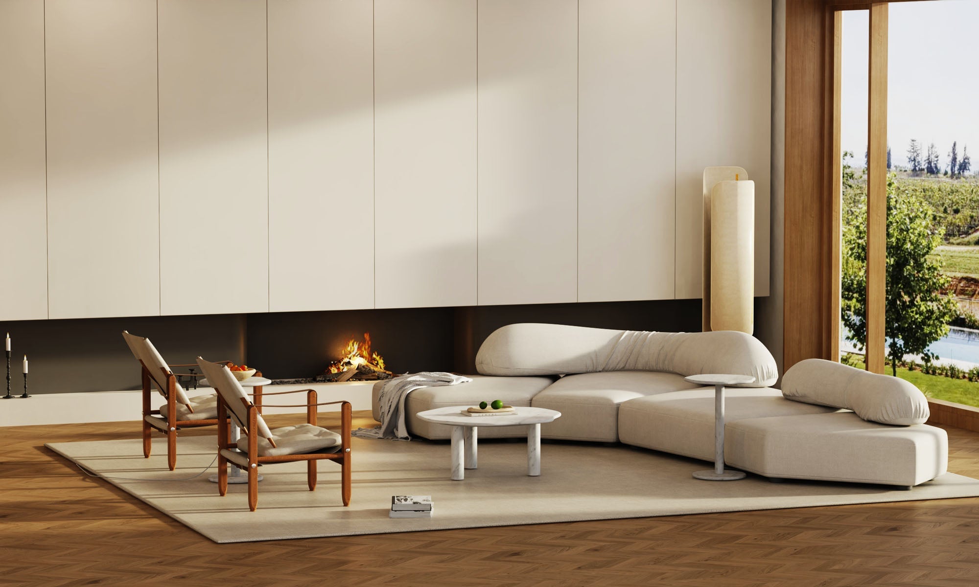 White marble table styled in a refined modern living room interior