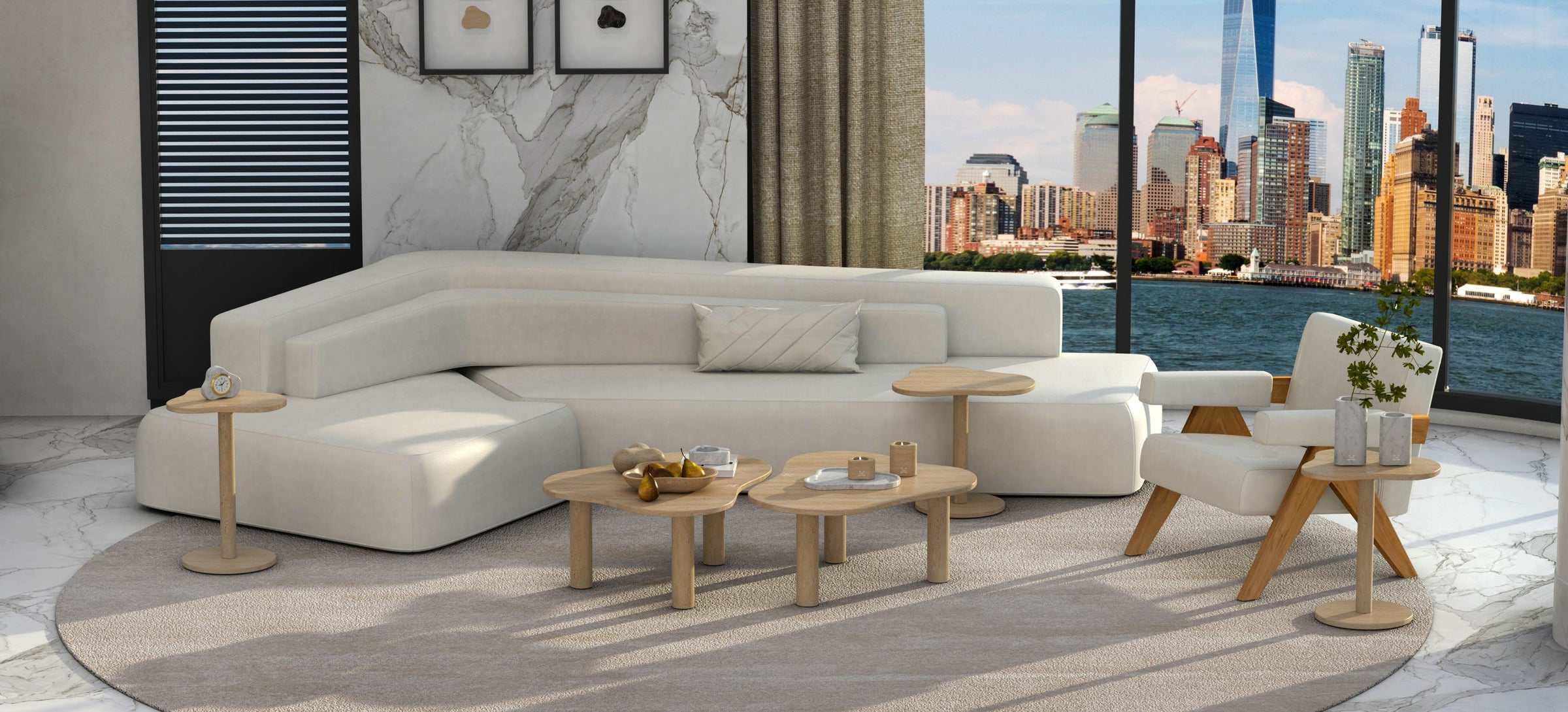 CloudDream marble and travertine tables styled in a refined modern interior