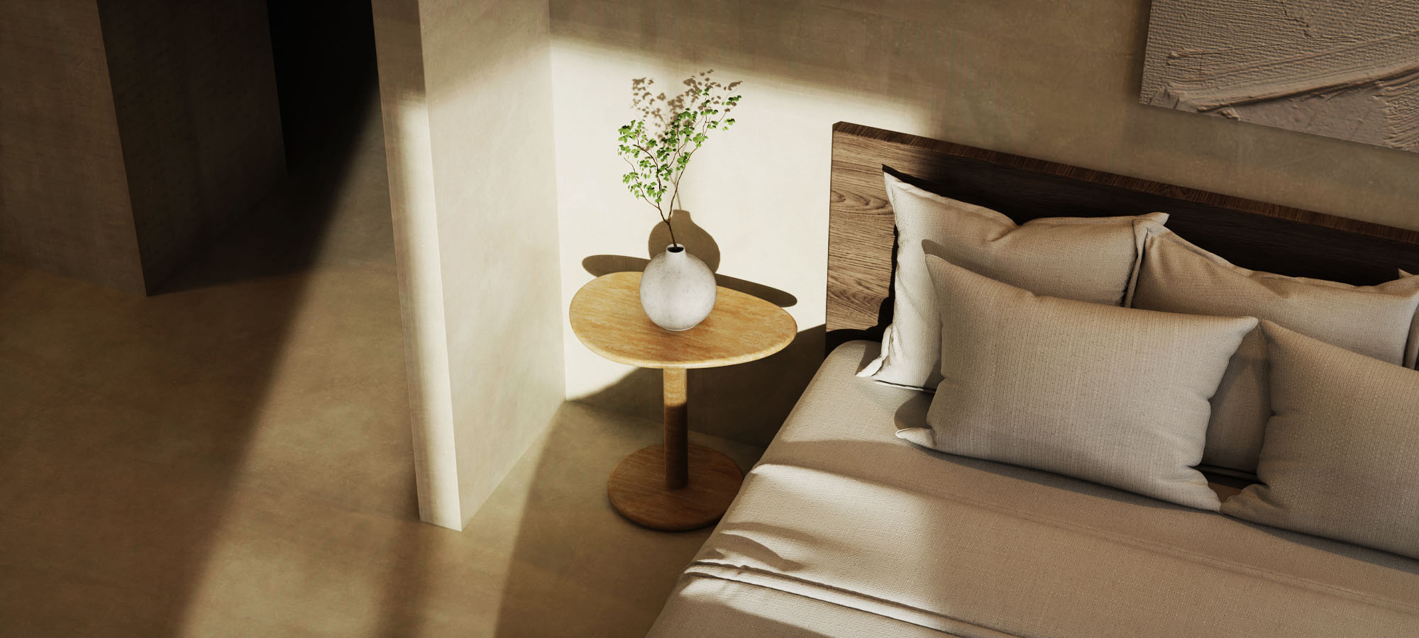 SwanEgg marble and travertine table styled in a refined modern interior