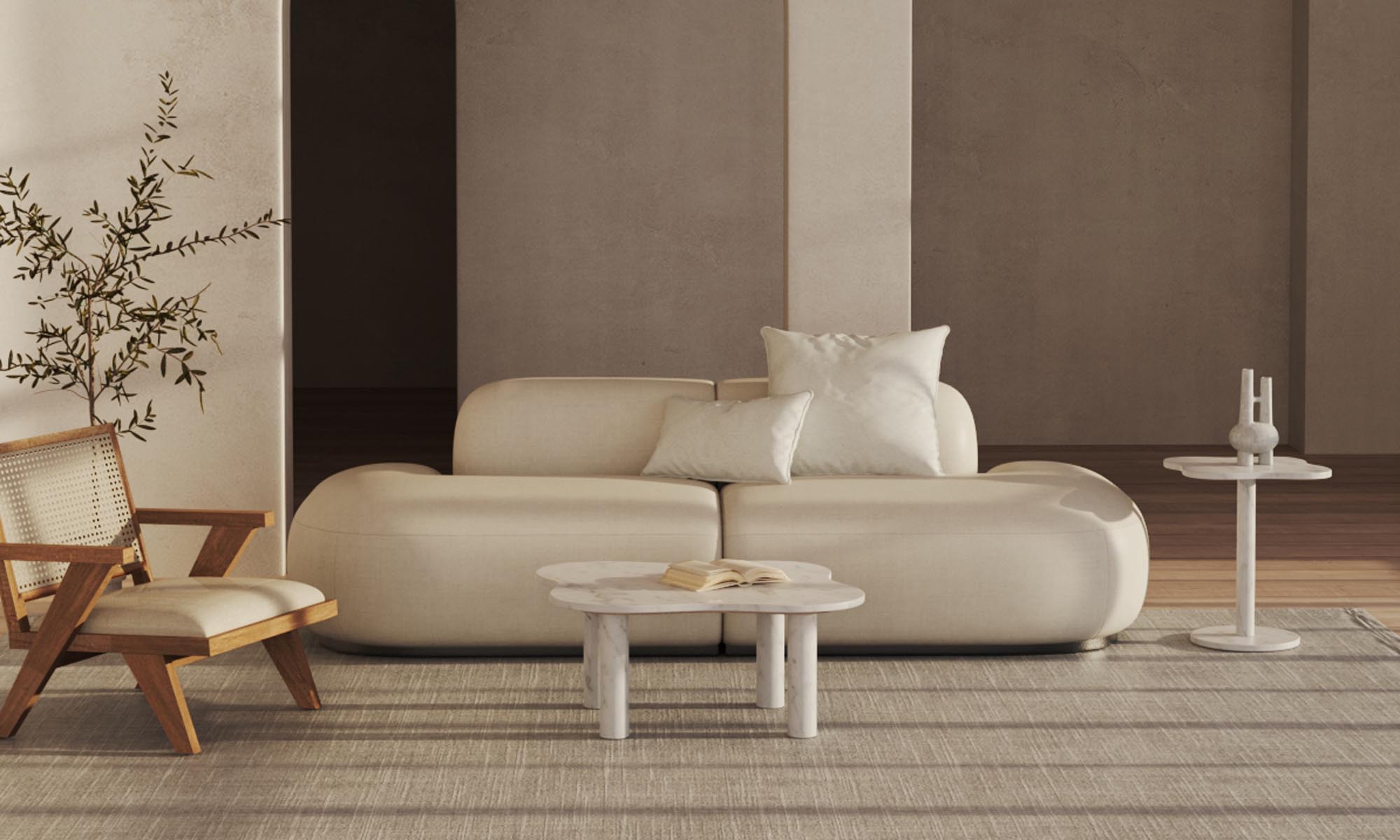 LakeMist marble and travertine tables styled in a refined modern interior