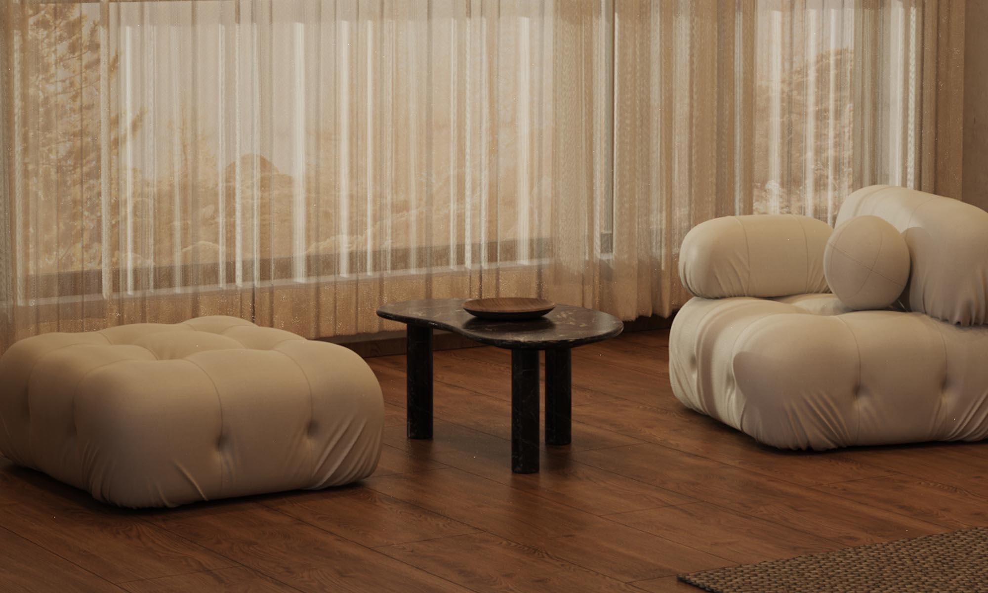 PeaPod marble and travertine tables styled in a refined modern interior