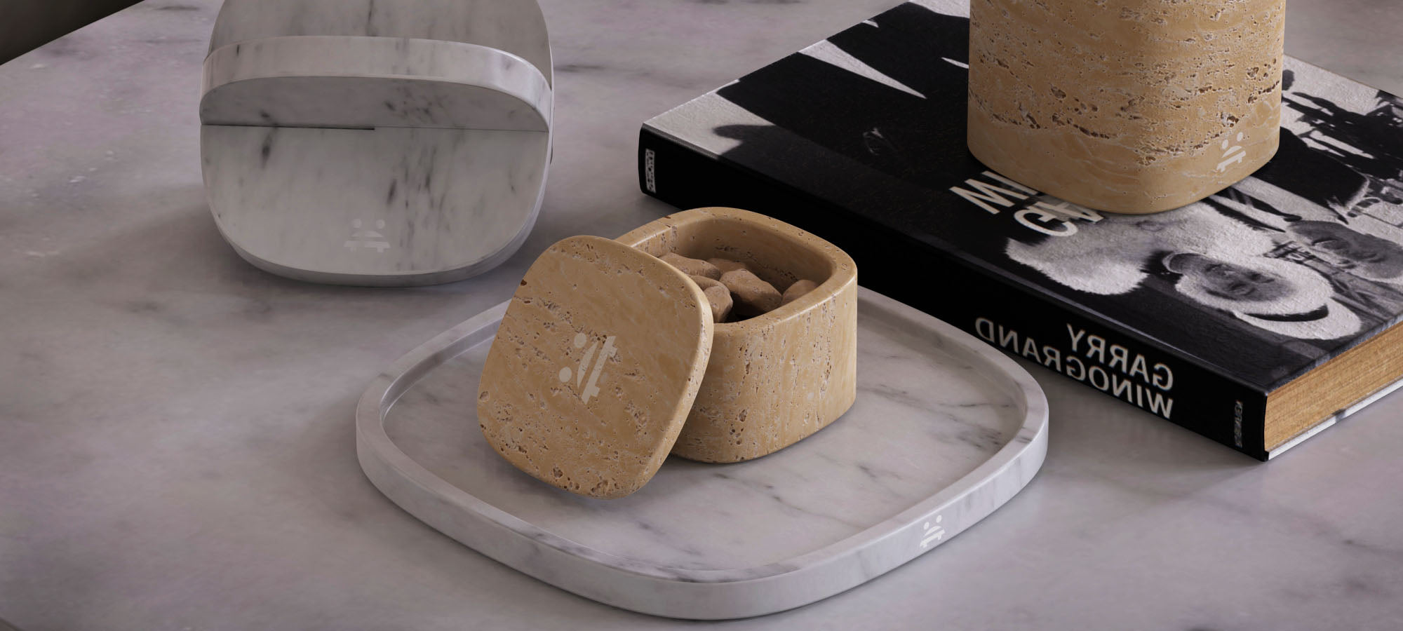 Natural stone aroma diffuser styled with refined marble and travertine home decor
