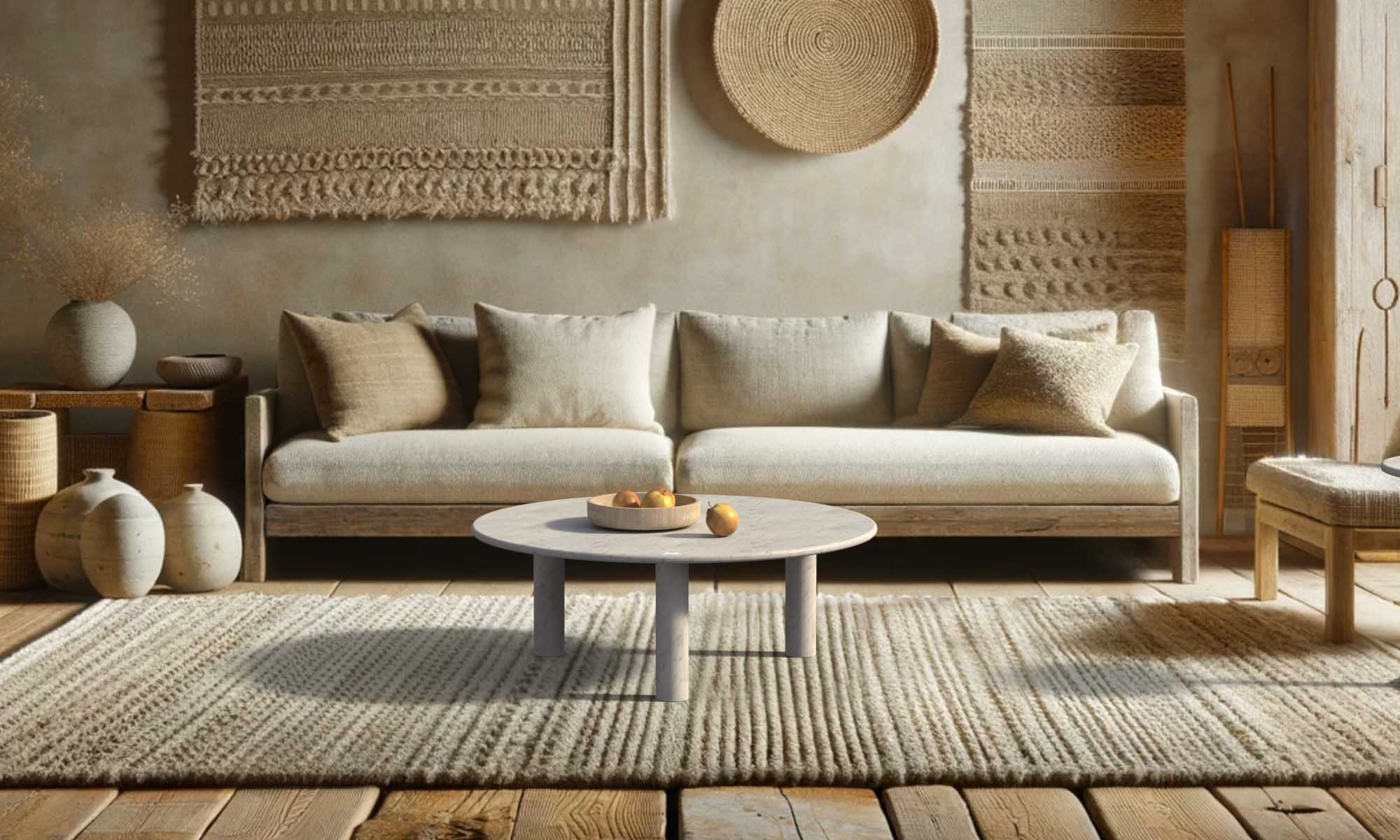 RoundHaven marble and travertine tables styled in a refined modern interior