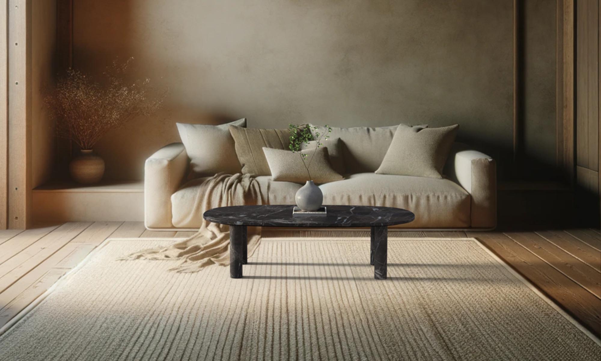SquareCurve marble and travertine coffee table styled in a refined modern living room