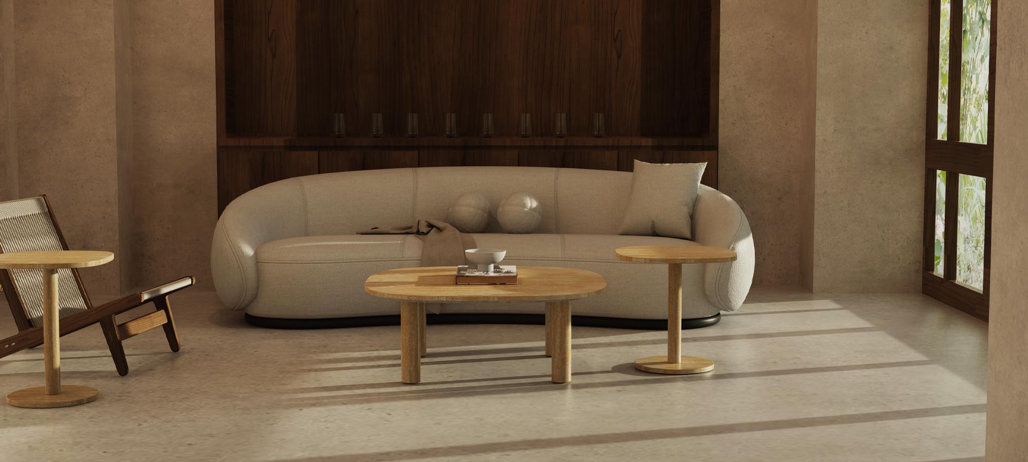SquareSoft marble and travertine tables styled in a refined modern interior