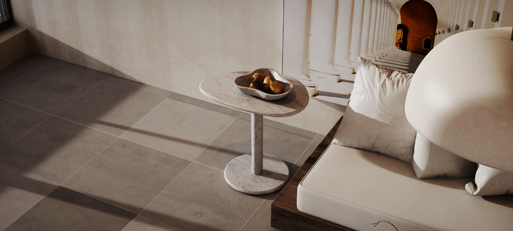 OIXDESIGN Side Table Collection, SwanEgg Side Table, Italian Carrara Marble, Macro Scene Graph, Top View