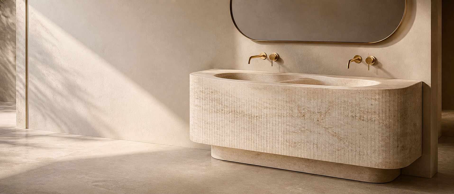 Integrated stone basin in a warm modern bathroom interior