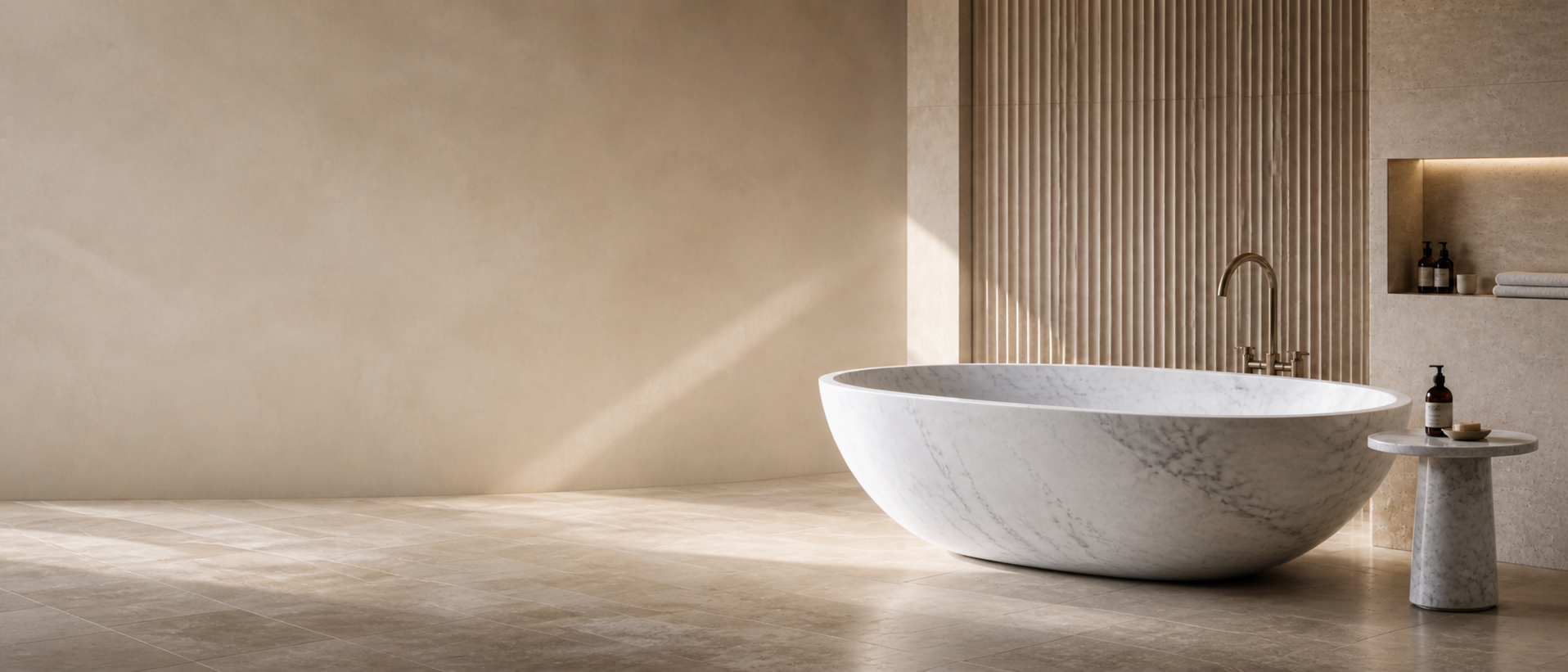 Freestanding white marble bathtub in a warm luxury bathroom interior