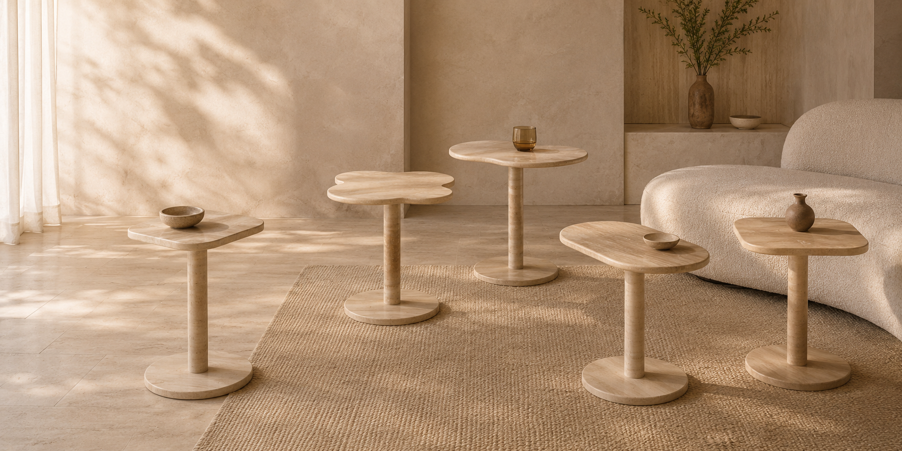 OIXDESIGN marble side table and stone end table collection styled in a refined modern living space with warm natural light and sculptural stone design