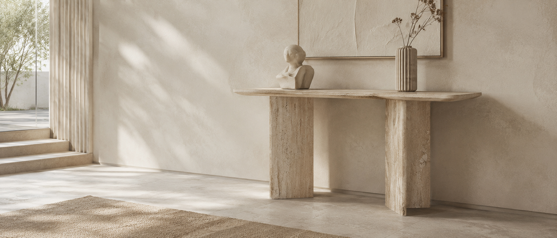 Natural stone console table by OIXDESIGN styled in a serene minimalist interior for the console tables collection banner