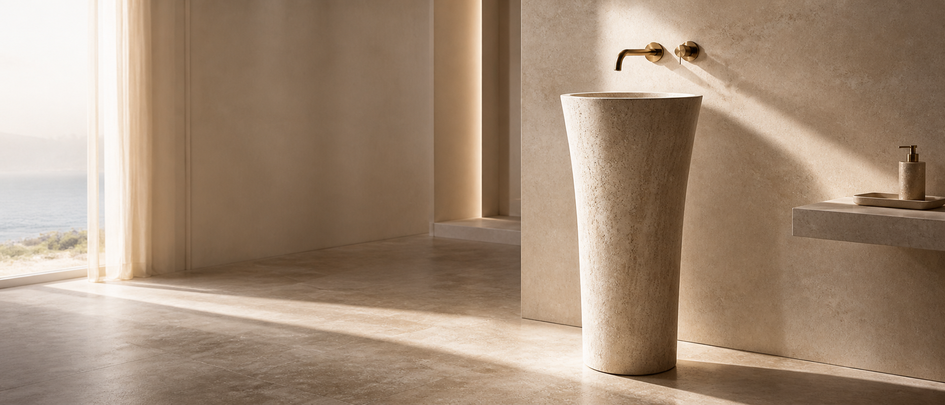 OIXDESIGN pedestal sinks collection featuring a freestanding travertine stone pedestal sink in a warm luxury bathroom