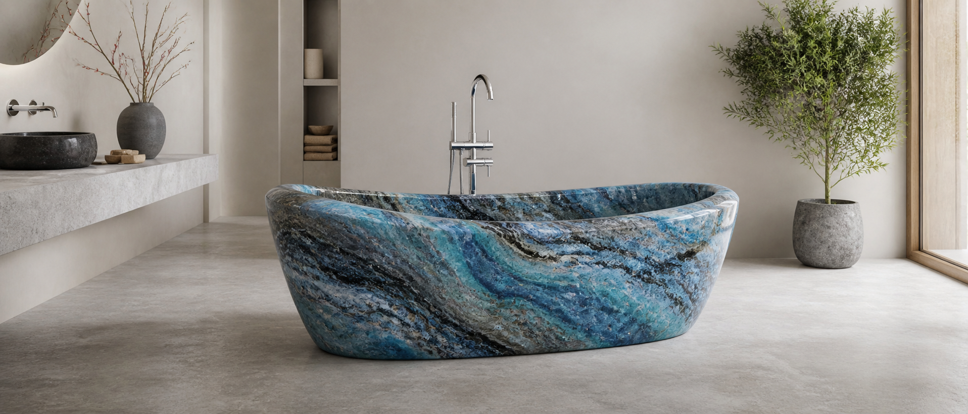 Blue special stone bathtub in a serene spa-inspired bathroom retreat