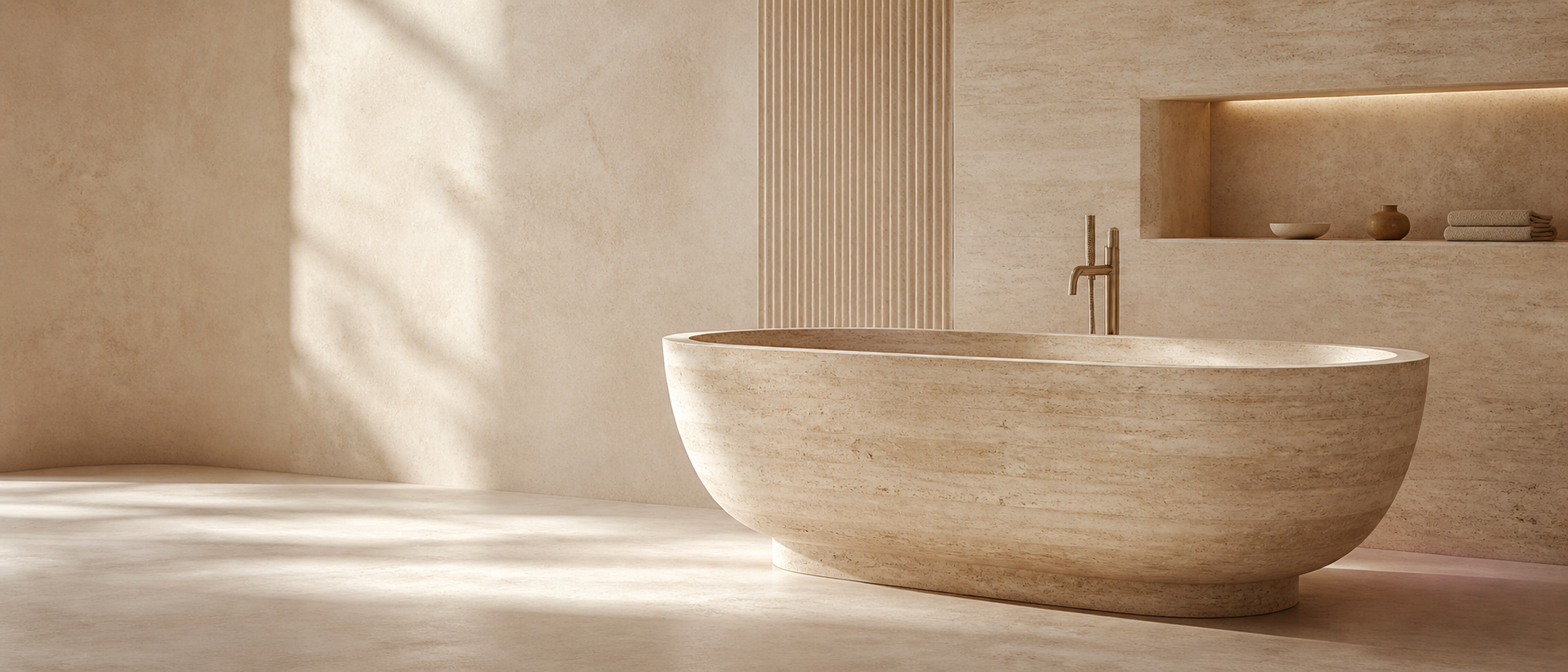 Freestanding travertine bathtub in a serene minimalist bathroom by OIXDESIGN
