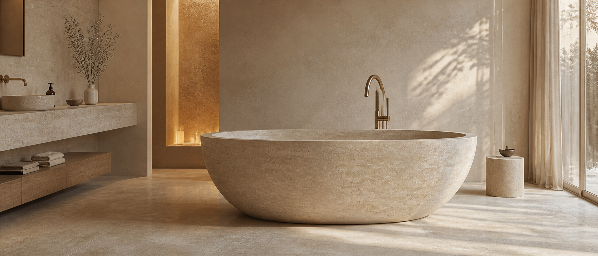 Freestanding travertine stone bathtub in a warm luxury bathroom interior