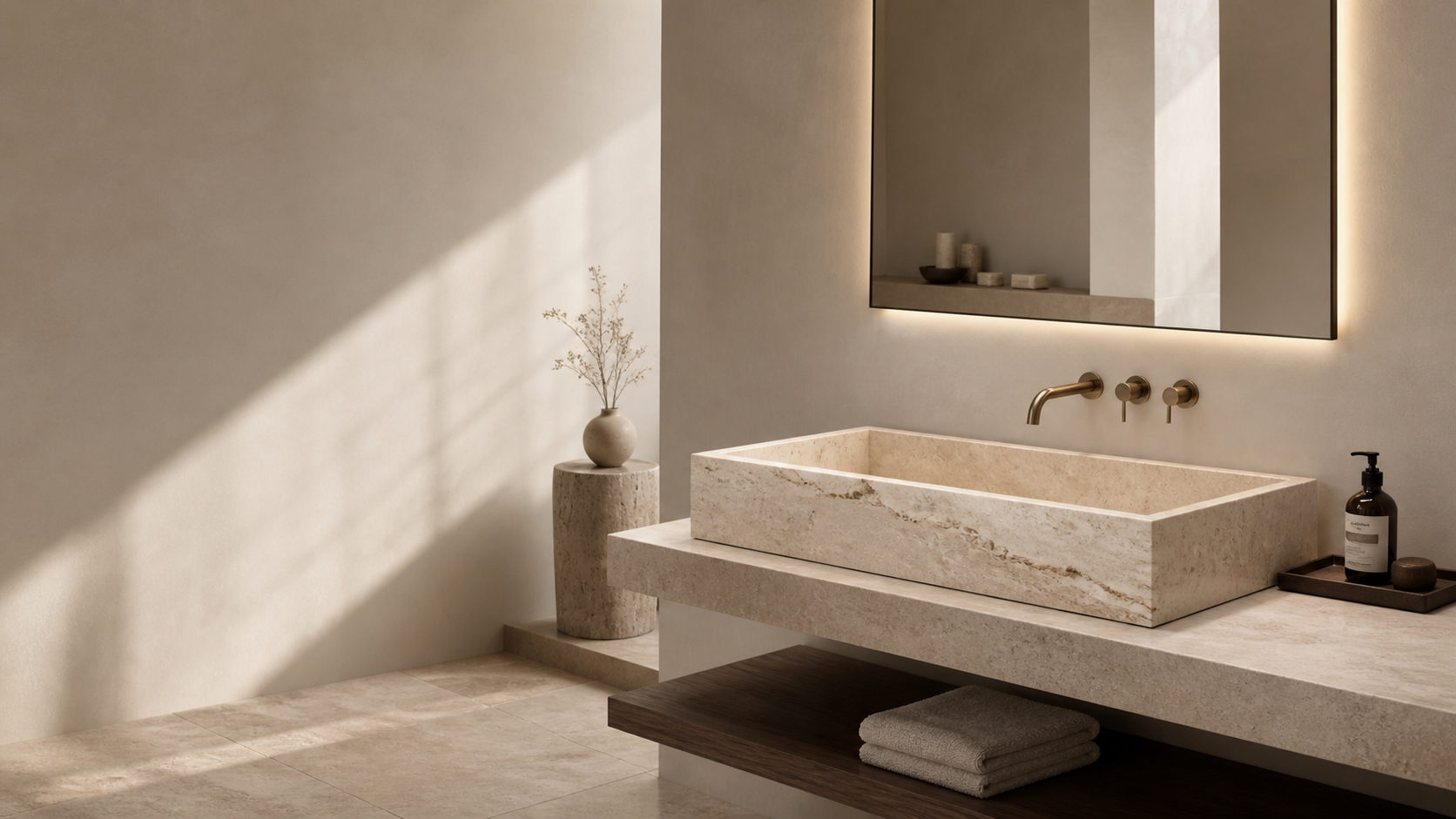 OIXDESIGN stone sinks collection with a sculptural natural stone basin in a warm luxury bathroom interior