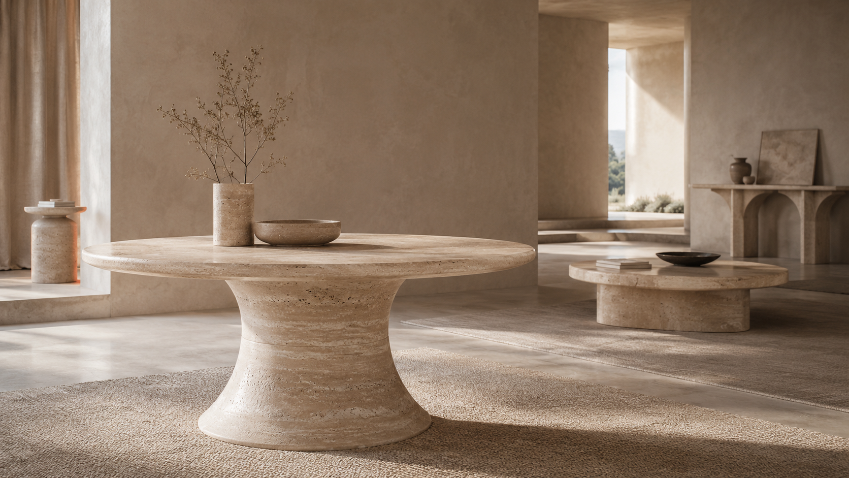OIXDESIGN round travertine dining table in a warm minimalist interior with soft natural light