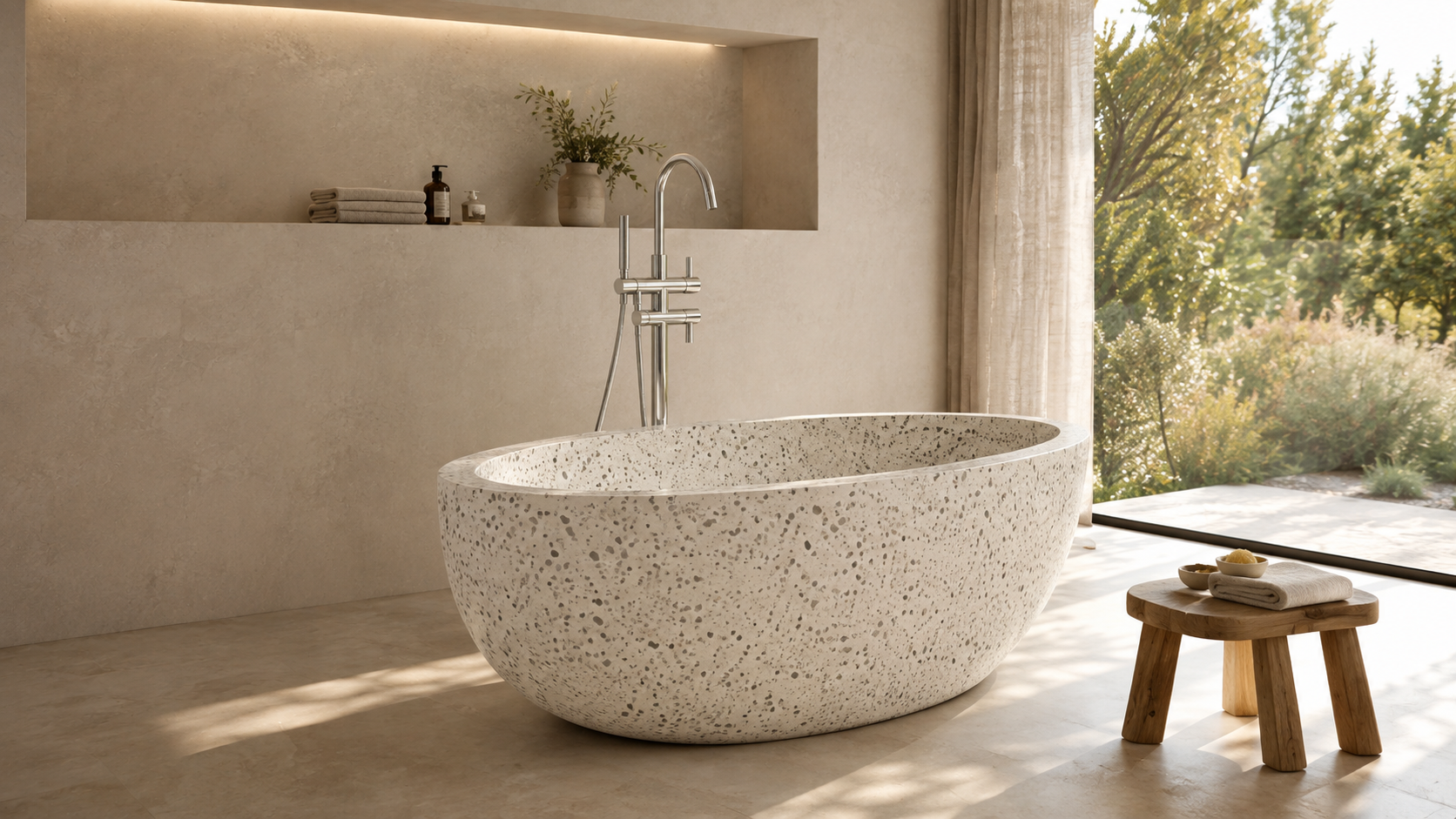 OIXDESIGN terrazzo bathtub in a warm architectural bathroom setting