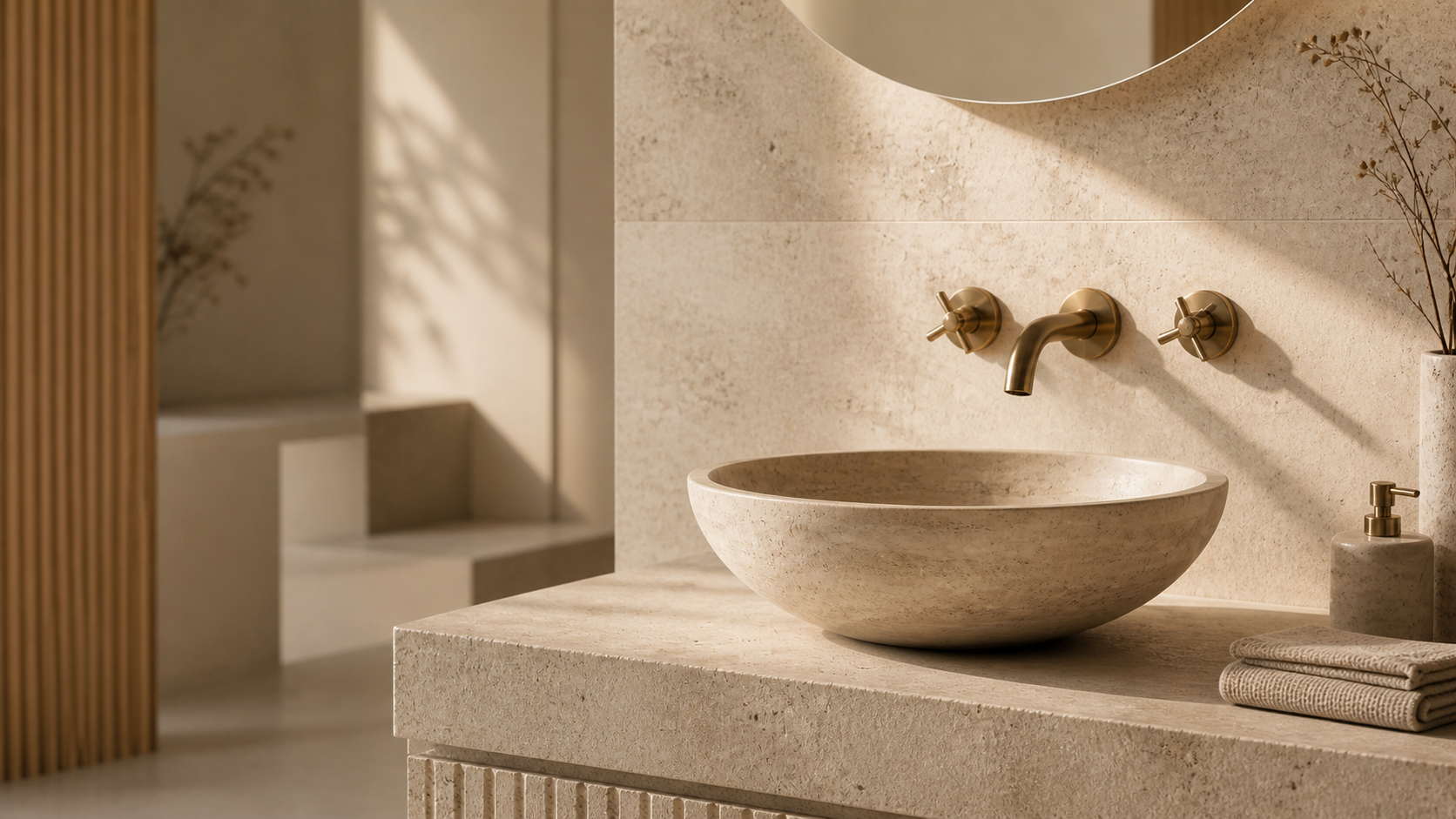 OIXDESIGN vessel sinks collection featuring a round natural stone vessel sink in a warm travertine bathroom interior