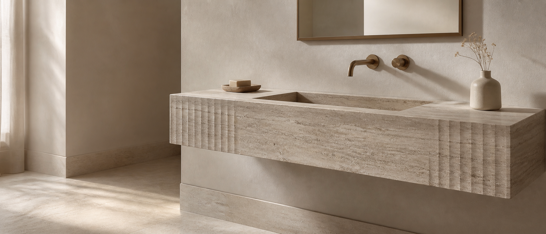 Wall-mounted travertine stone sink with brass faucet in a warm minimalist bathroom
