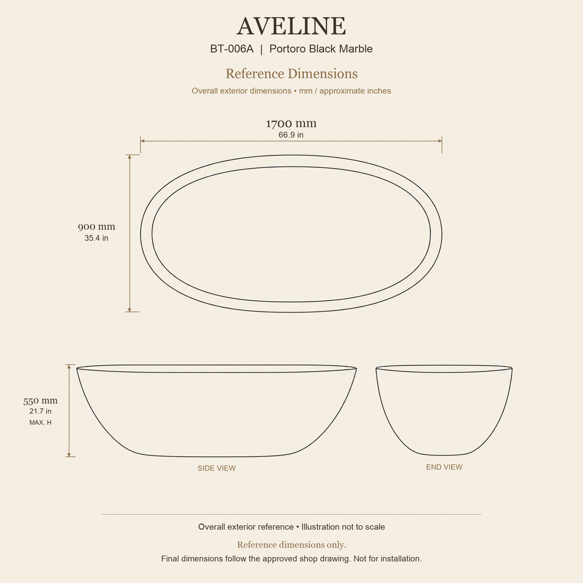 Aveline BT-006A Portoro Black Marble bathtub reference dimensions: 1700 × 900 × 550 mm (L × W × maximum overall H). Final dimensions follow the approved shop drawing; not for installation.