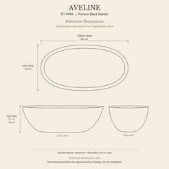 Aveline BT-006A Portoro Black Marble bathtub reference dimensions: 1700 × 900 × 550 mm (L × W × maximum overall H). Final dimensions follow the approved shop drawing; not for installation.
