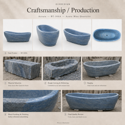 Azzara BT-168A Azura Blue Quartzite bathtub — craftsmanship and production; process illustration.