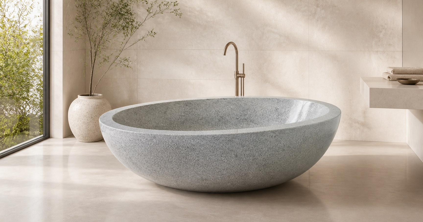 Alura Alpine Silver Granite soaking bathtub in a bright luxury bathroom, styled visualization