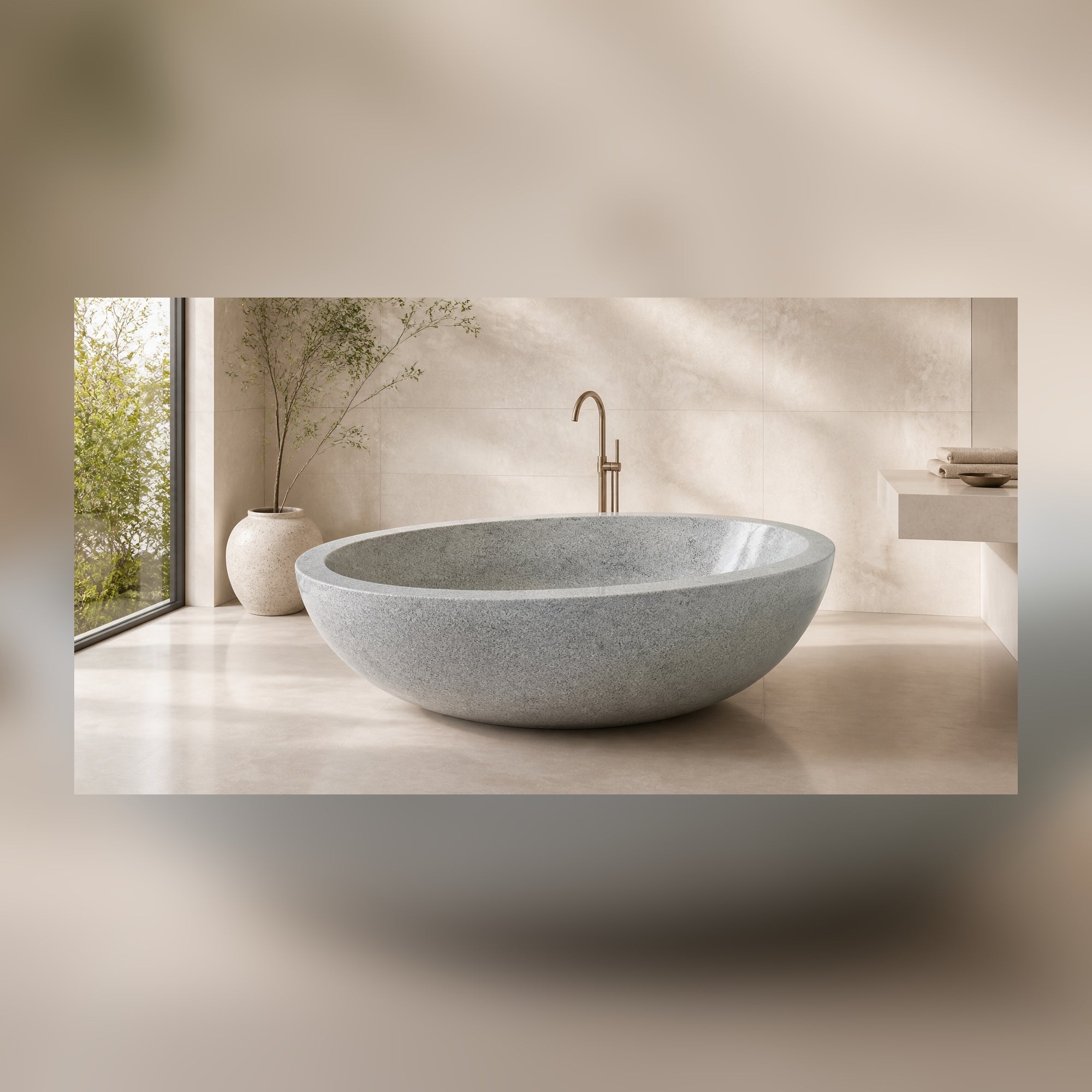 Alura Alpine Silver Granite soaking bathtub in a warm architectural luxury bathroom, styled visualization