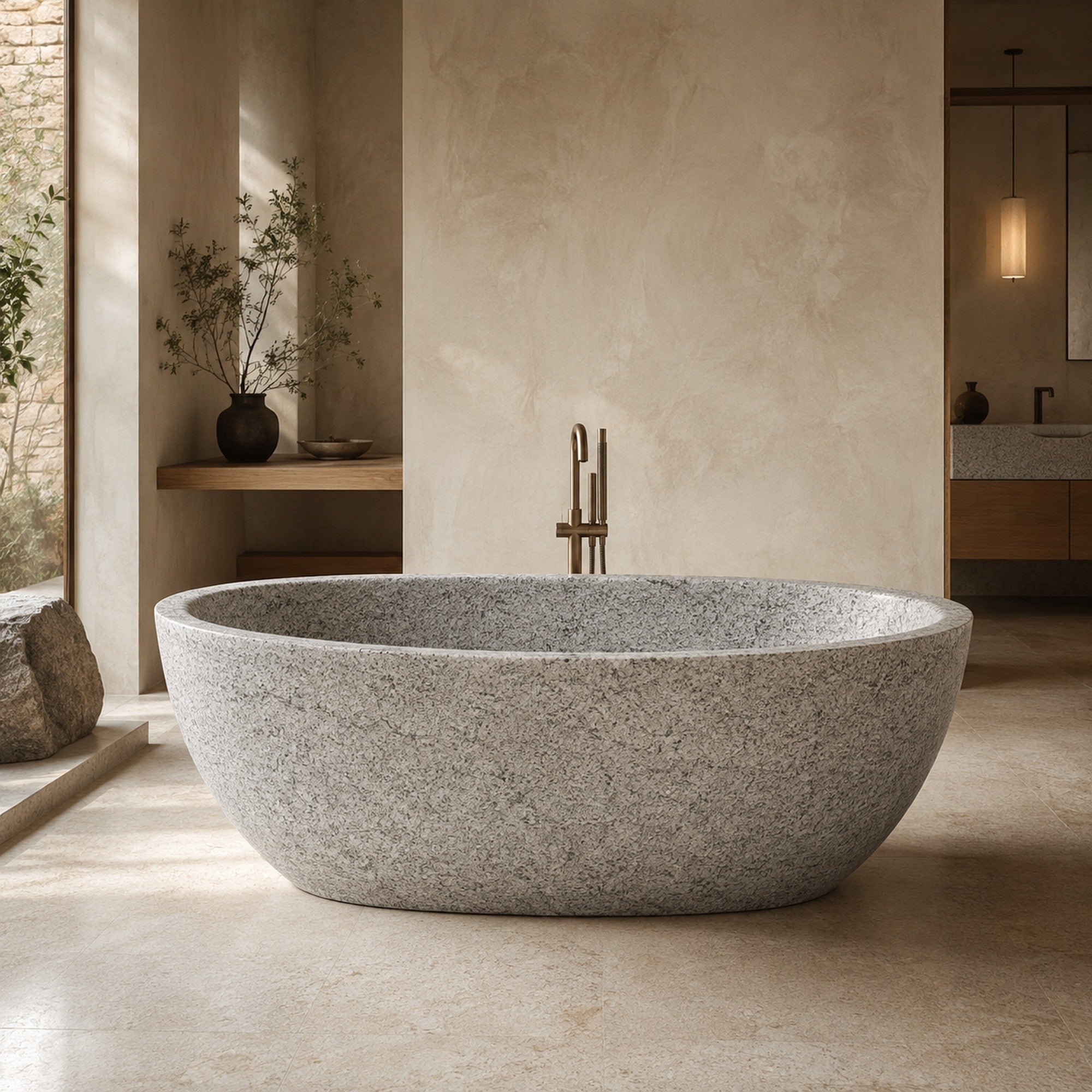 Alura Alpine Silver Granite soaking bathtub in a warm architectural luxury bathroom, styled visualization