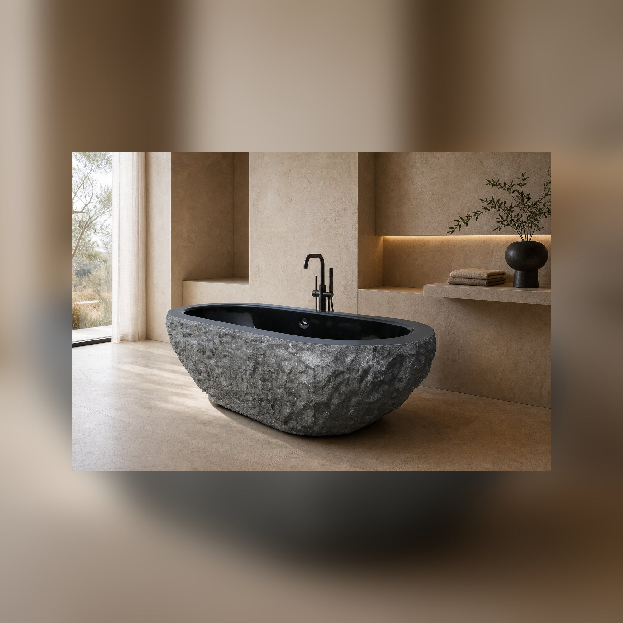 Arden Natural-Face Black Granite soaking bathtub in a warm architectural luxury bathroom, styled visualization