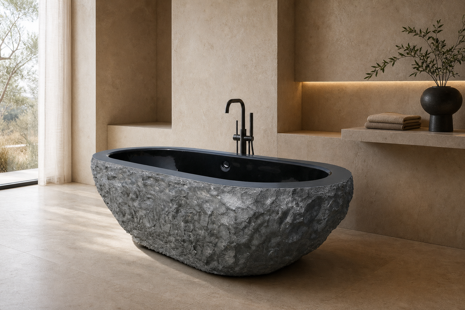 Arden natural-face black granite bathtub in a warm luxury bathroom, styled visualization