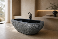 Arden natural-face black granite bathtub in a warm luxury bathroom, styled visualization